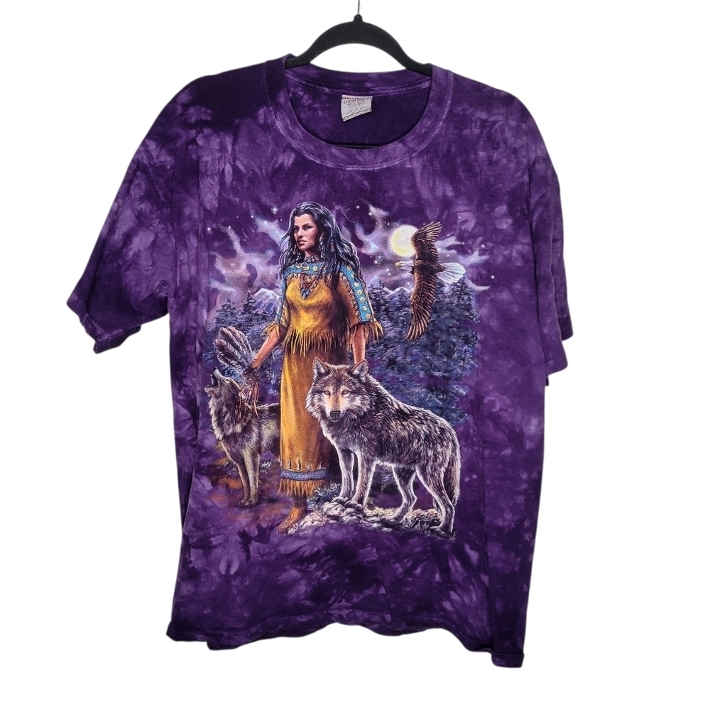 Vintage 90s Native American Wolf Eagle Tie Dye Graphic T-Shirt Size Large